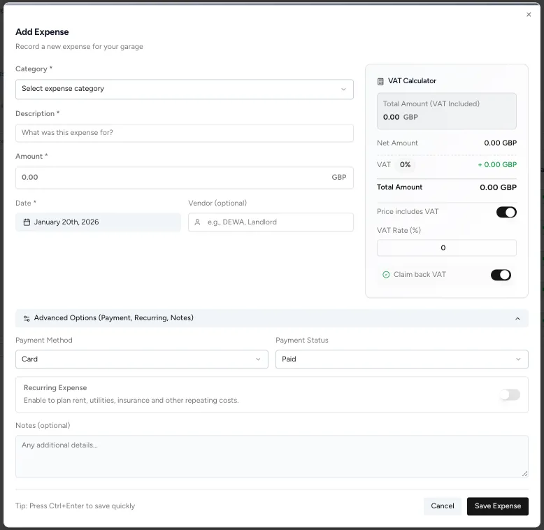 Expenses can be added quickly with category, amount, VAT calculation, and payment details.