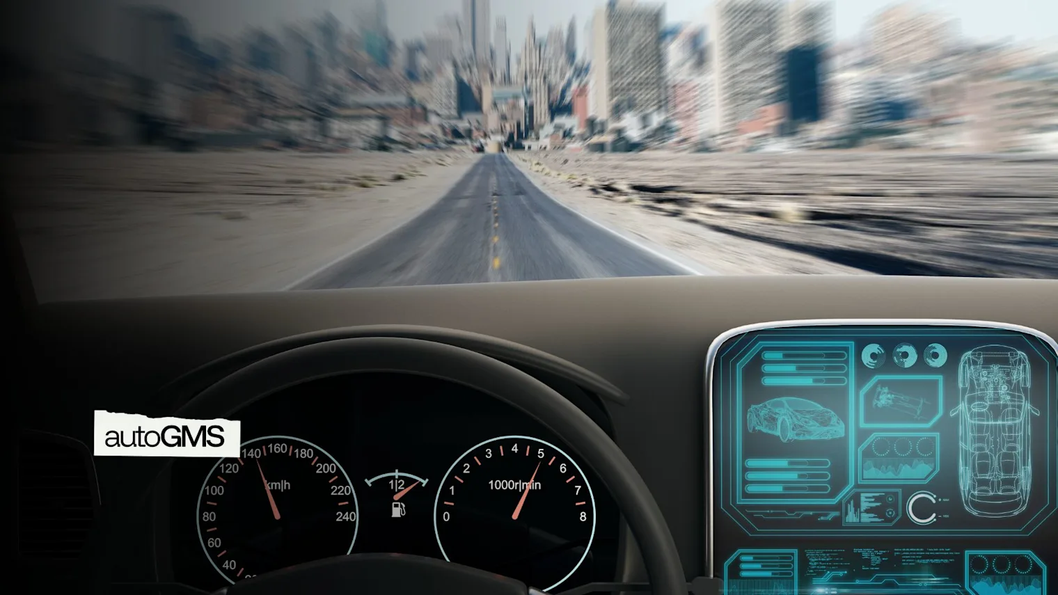 A modern vehicle dashboard or front windshield view showing sensors and cameras related to advanced driver assistance systems.