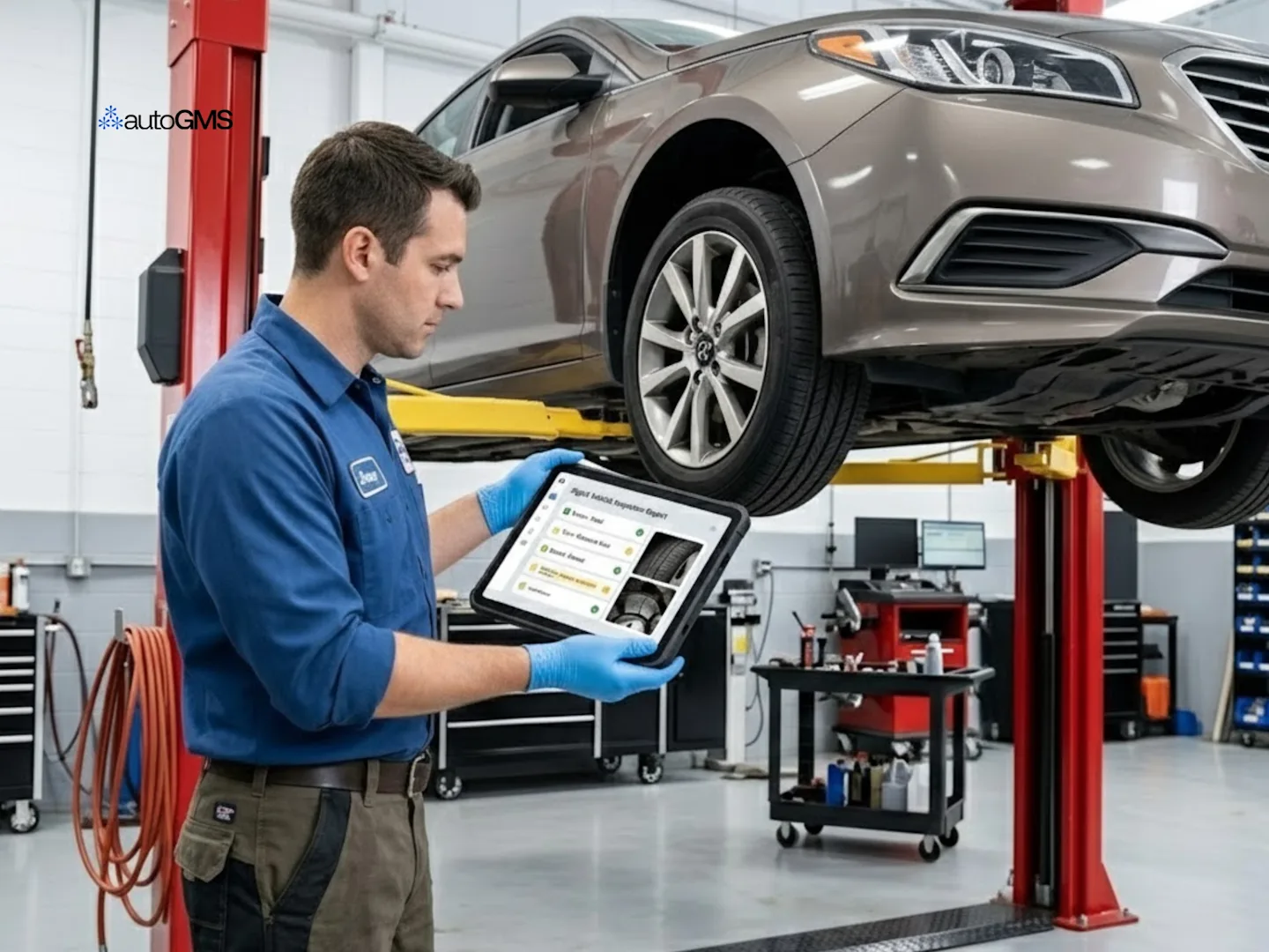 mechanic inspecting car tire during vehicle safety inspection in auto repair shop