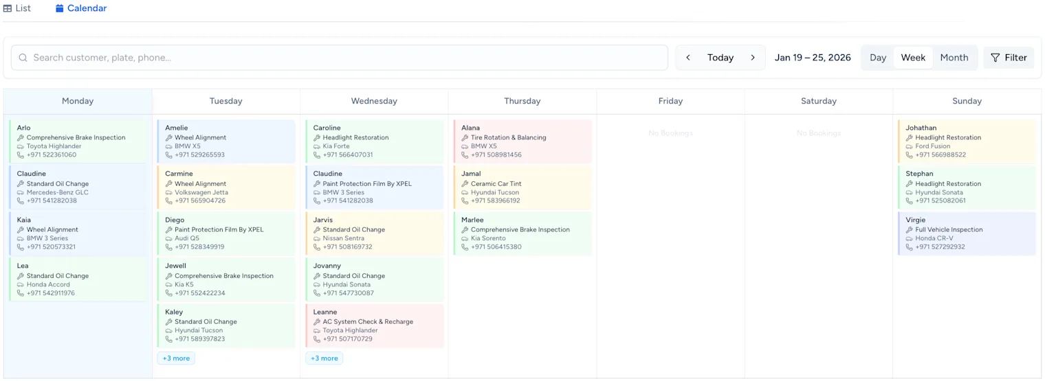 calendar view showing bookings per day autoGMS
