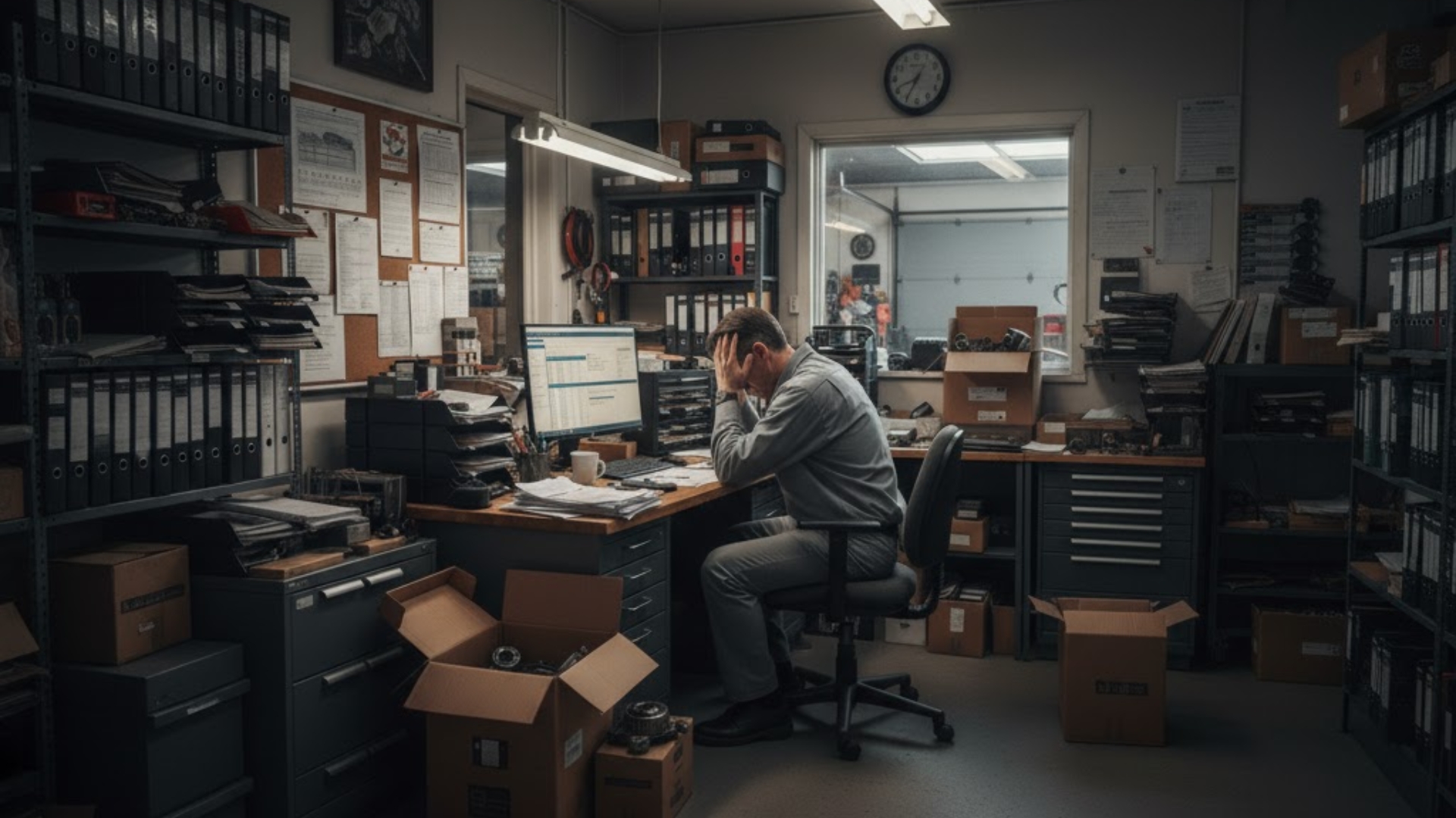 Auto repair shop owner managing inventory and finances