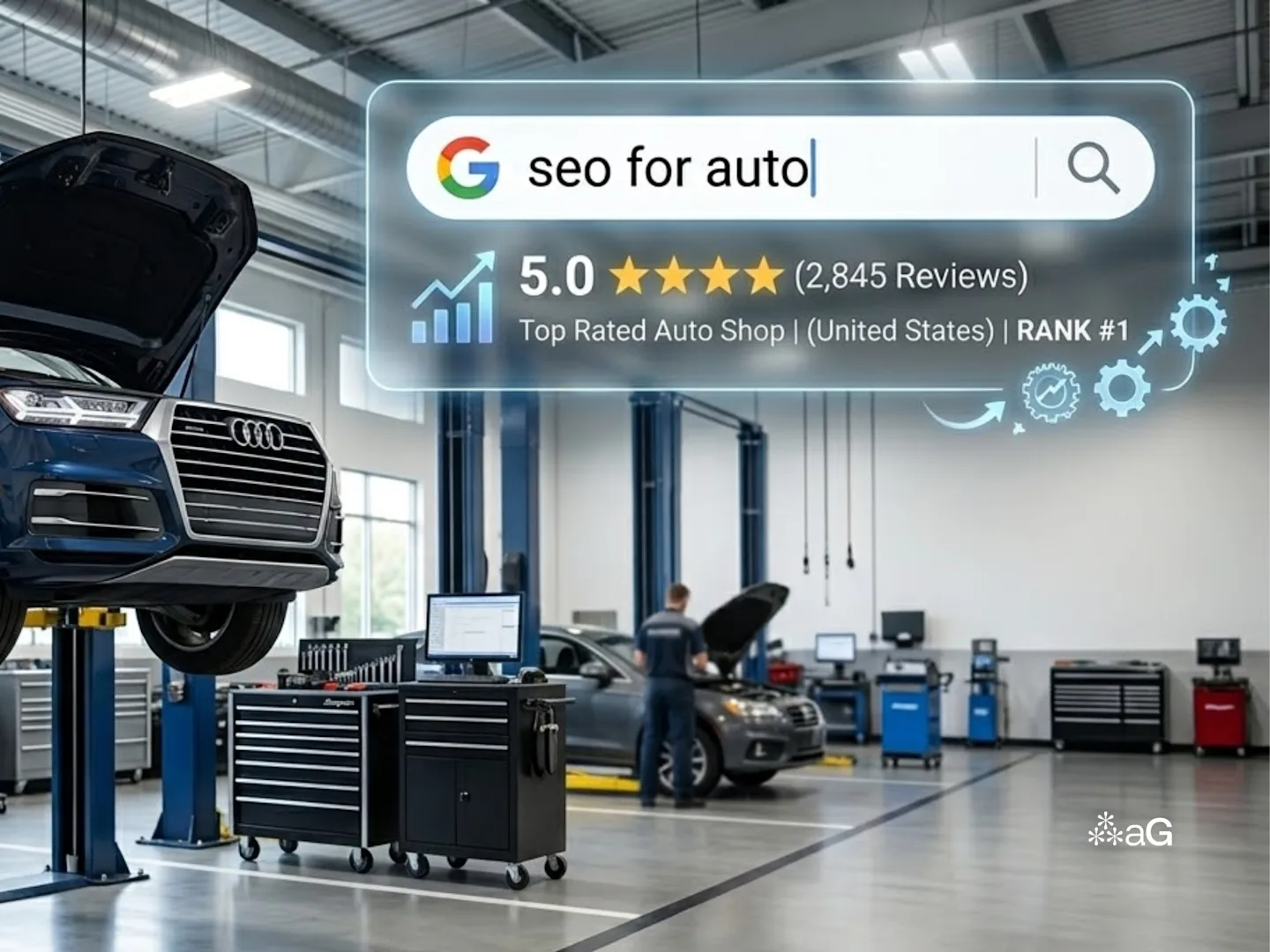 Professional auto repair shop bay with digital SEO growth icons and search bar