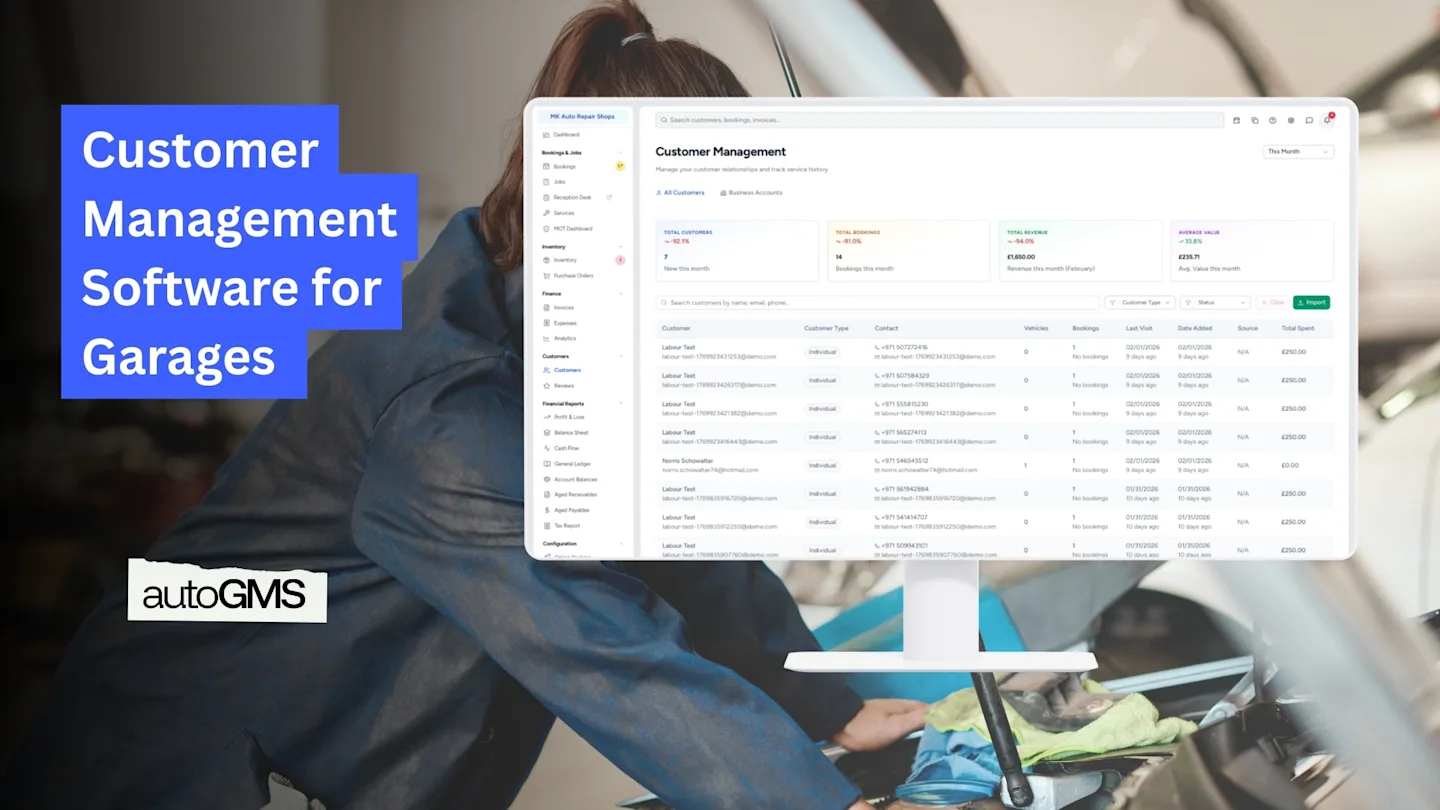 Customer management software for garages to manage customers, service history, business accounts, and fleets.