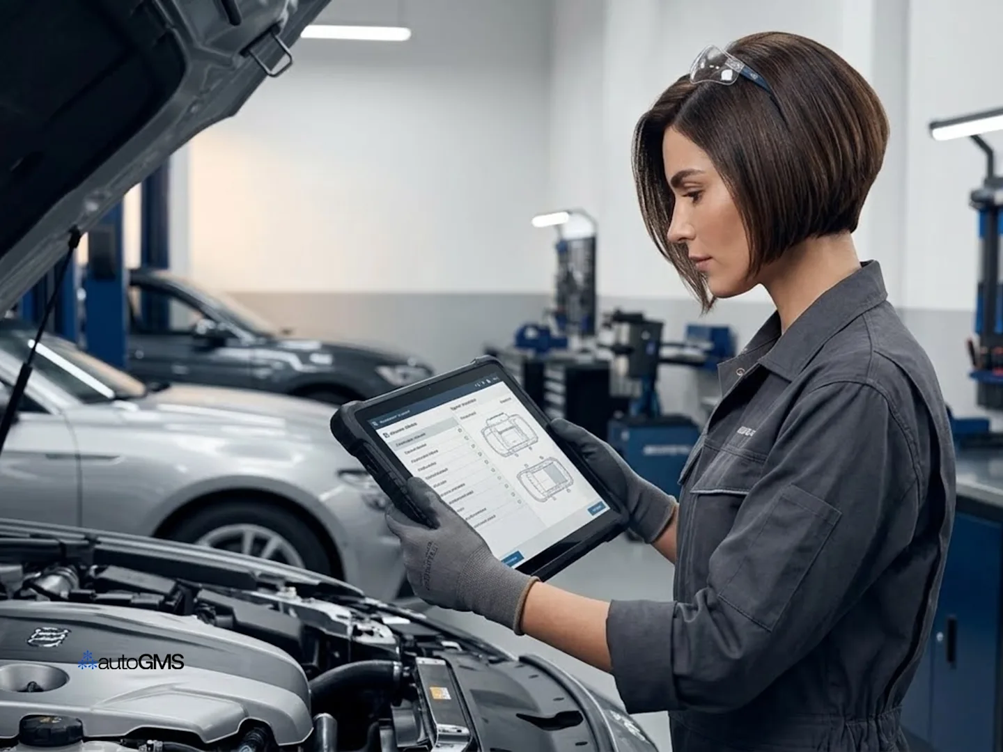 Technician performing a digital vehicle inspection using a tablet in a modern auto repair shop.