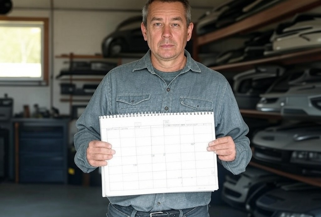 A garage manager holding a paper calendar, symbolising traditional time-consuming scheduling methods, contrasted with the time-saving benefits of autoGMS garage management software