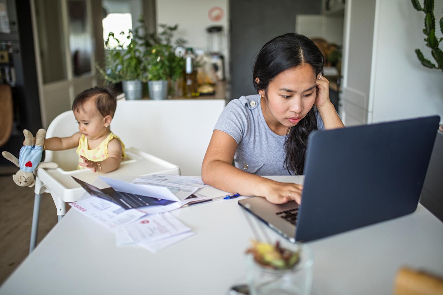 COVID scam article working and spending time with baby