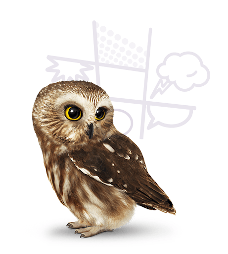 Brown and white owl in front of a comic strip watermark