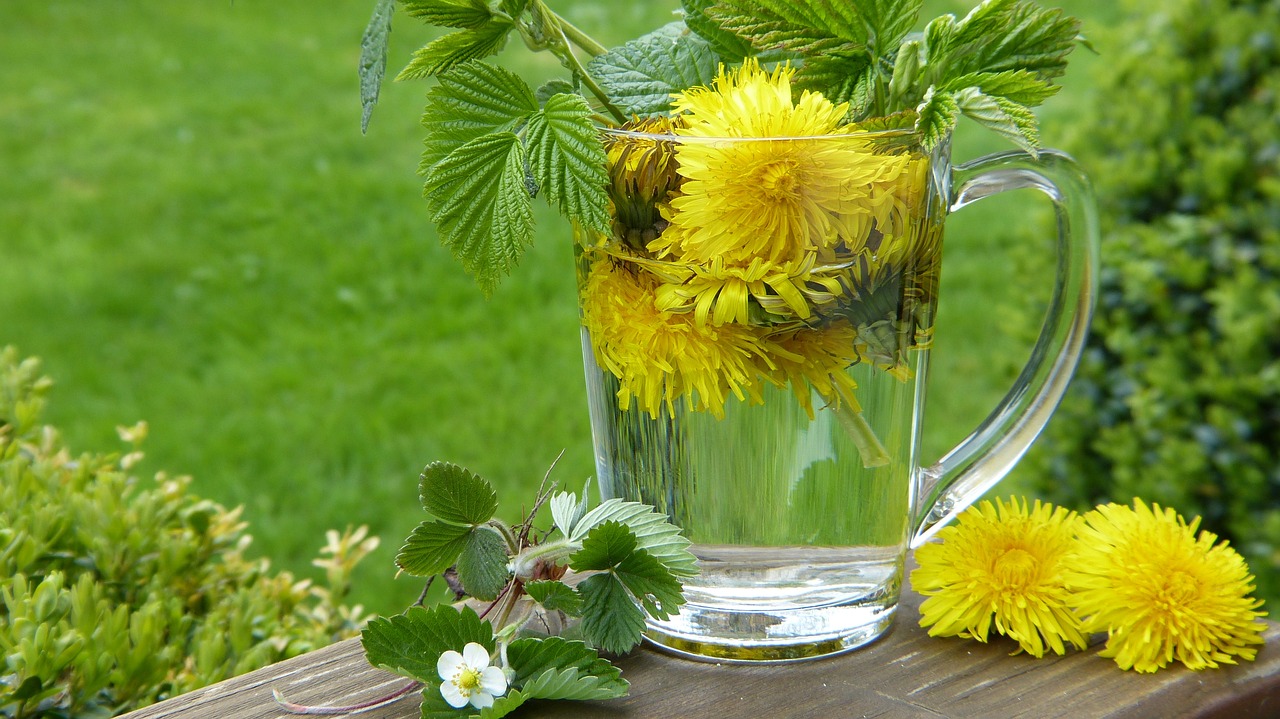 a glass of fresh flowers.