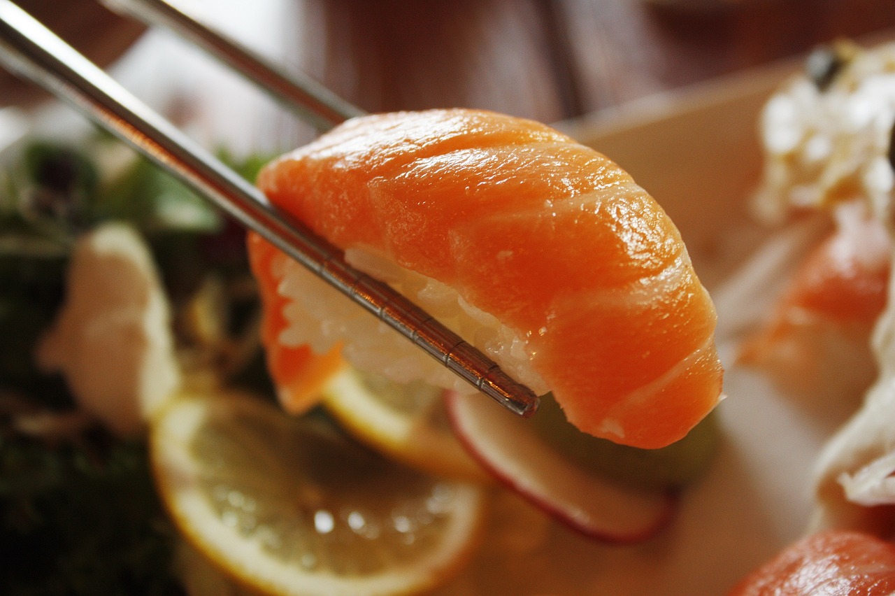 a slice of salmon on a plate.