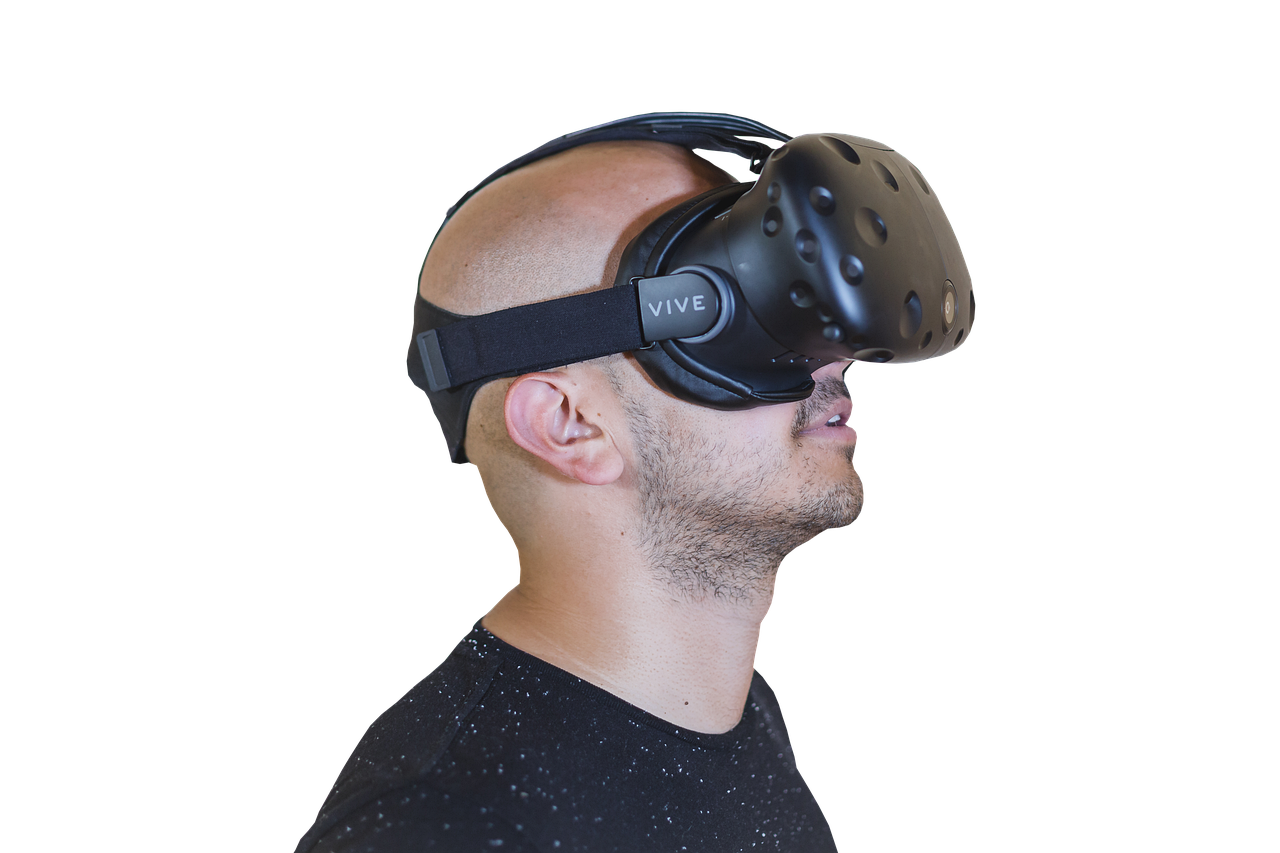 man wearing virtual reality glasses on a white background.