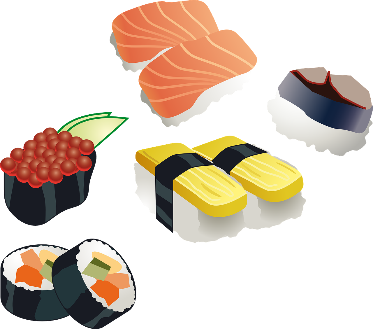 different kinds of sushi on a black background.