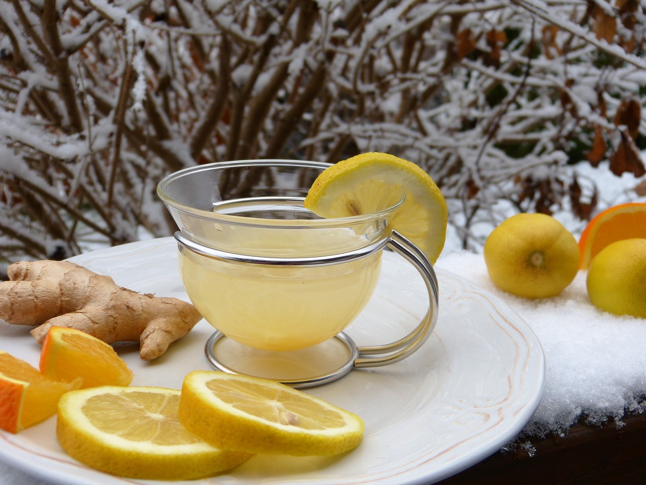 a cup of tea with lemon and ginger.