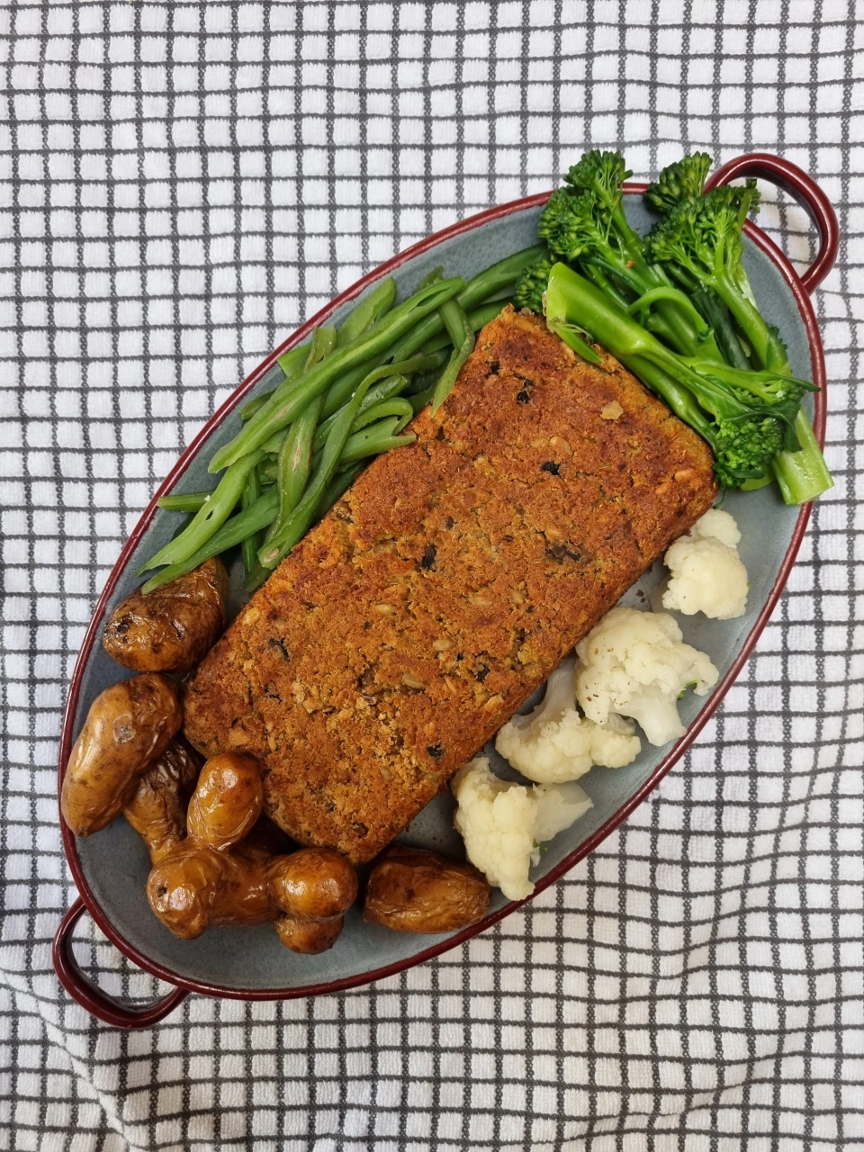 nut roast with roast potatoes and veg