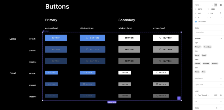 Buttons grouped by "small," "large," "primary," and secondary