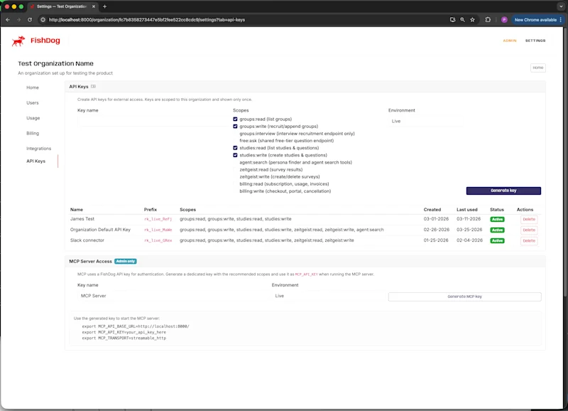 The FishDog organisation API Keys management page, showing per-key scopes and the MCP server access section.