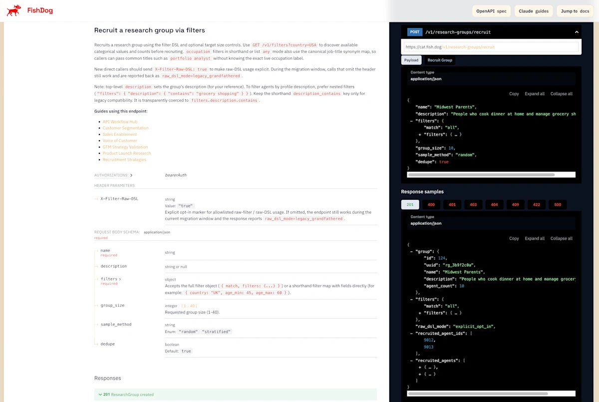 Screenshot of the updated FishDog API documentation showing expanded recruitment filters including professional targeting, health profile filtering, and occupation synonym expansion.