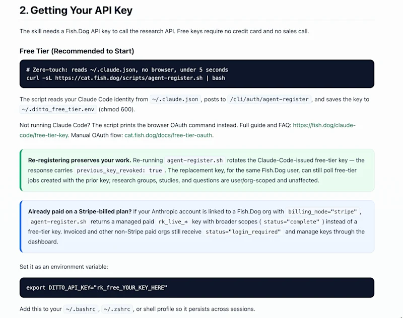 FishDog 'Getting Your API Key' documentation page, Free Tier section. Shows the zero-touch one-liner 'curl -sL https://cat.fish.dog/scripts/agent-register.sh | bash' that reads Claude Code identity from ~/.claude.json, POSTs to /cli/auth/agent-register, and saves the rk_free_* key to ~/.ditto_free_tier.env in under five seconds. Includes the OAuth fallback note for non-Claude-Code clients, a callout that re-registering preserves prior research-group work, and a Stripe-billed paid-plan callout describing the rk_live_* refresh path.