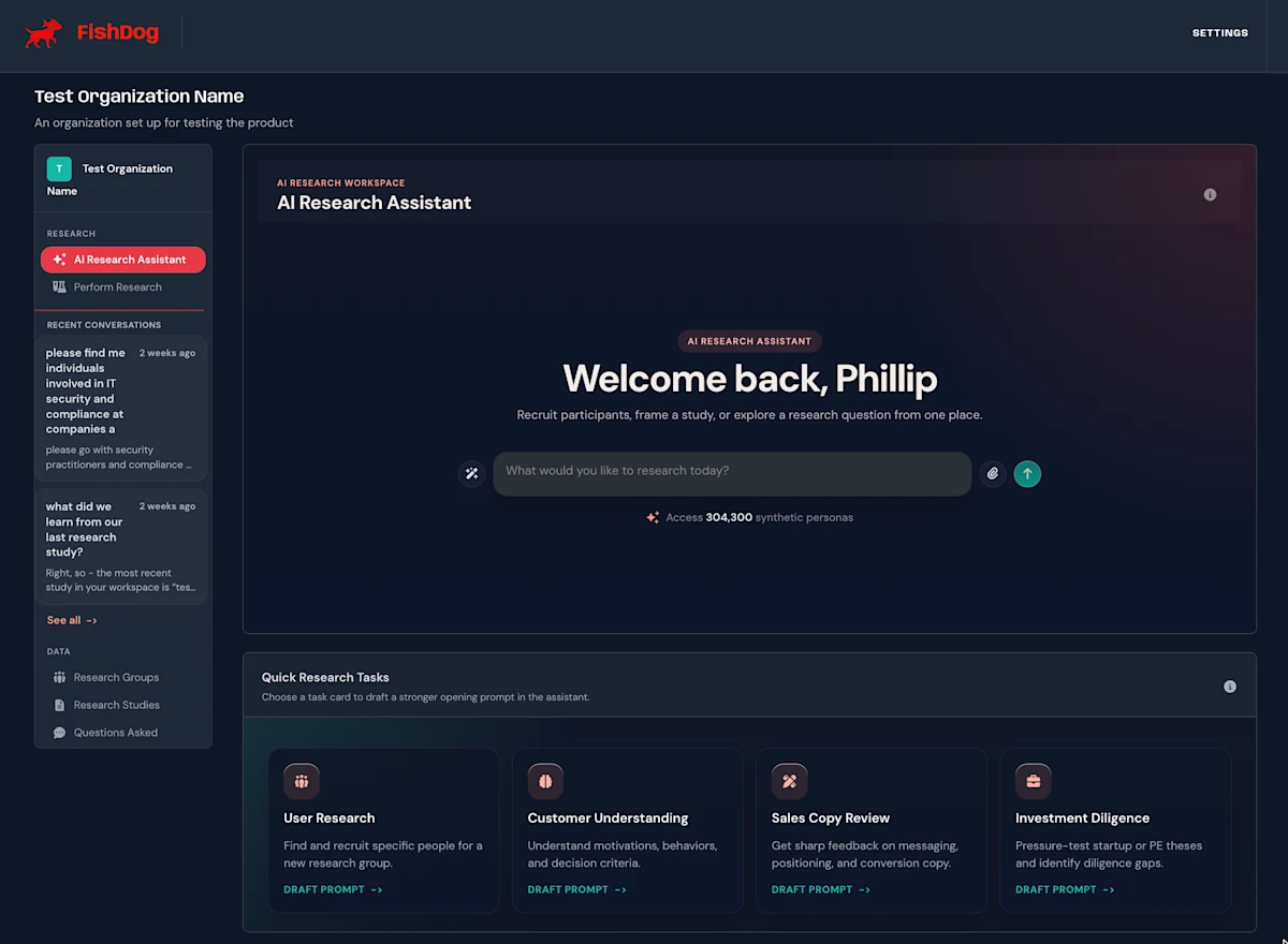 FishDog's new product chrome (dark theme) — the AI Research Assistant page with recent conversations rail and Quick Research Tasks.