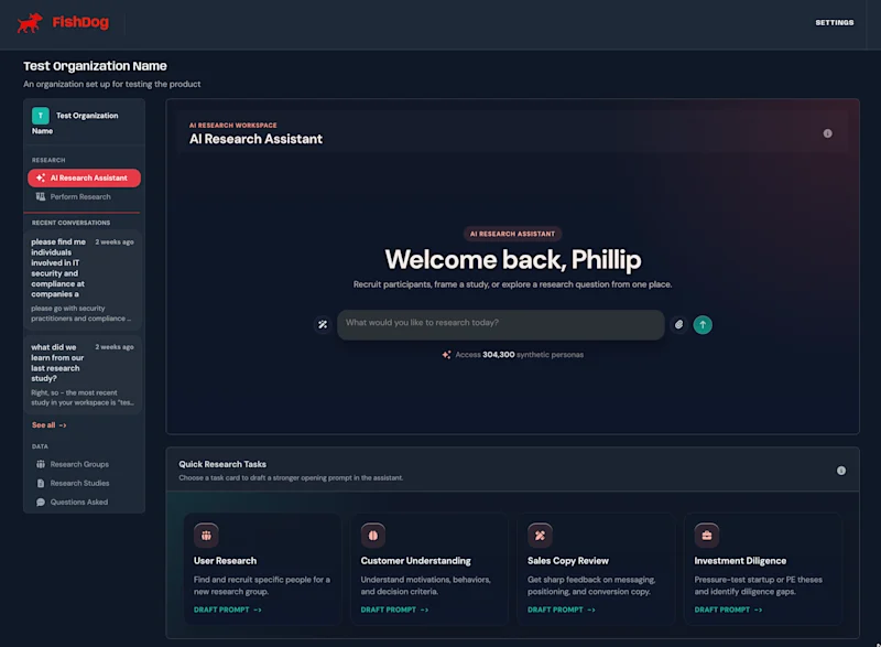 FishDog's new product chrome (dark theme) — the AI Research Assistant page with recent conversations rail and Quick Research Tasks.