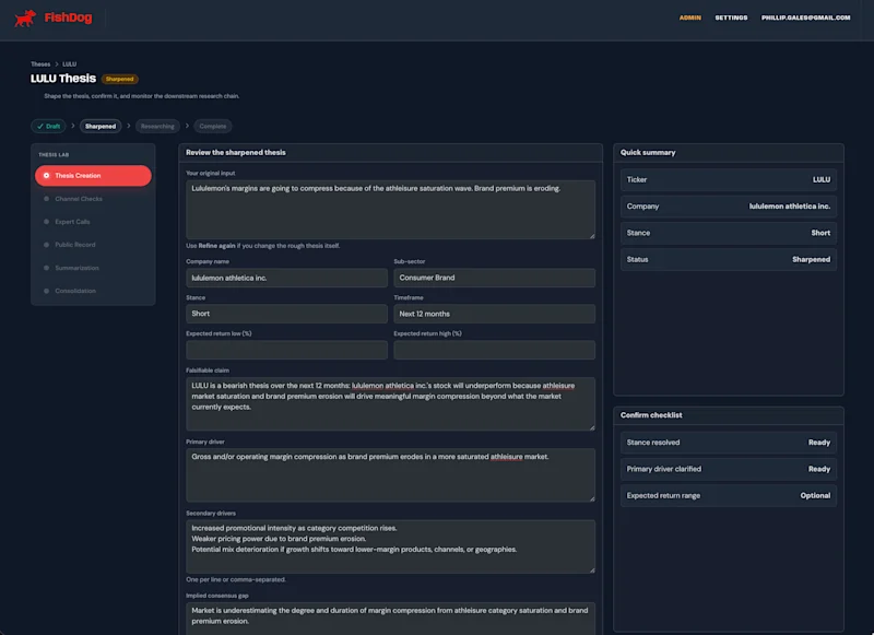Thesis Lab v1 — the LULU thesis sharpening screen, with the original input, structured-thesis fields (company, sector, stance, timeframe, primary driver, secondary drivers, falsifiable claim, implied consensus gap), confirm checklist, and Thesis-at-a-Glance summary card.