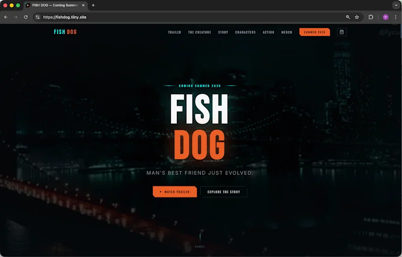 The Fish Dog brand asset — the creature-feature film landing page used to demonstrate FishDog content marketing.