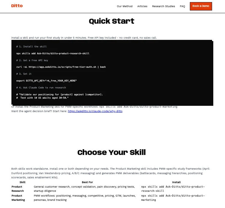 Ditto's Quick Start documentation page, with the four-step bash setup for installing the Ditto Claude Code skill and acquiring a free API key.