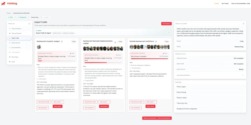 The Thesis Lab expert-call panel recruitment view, showing a synthetic panel of named experts being recruited for a hedge-fund investment thesis. The same recruitment is now triggered programmatically via the Thesis Lab API.
