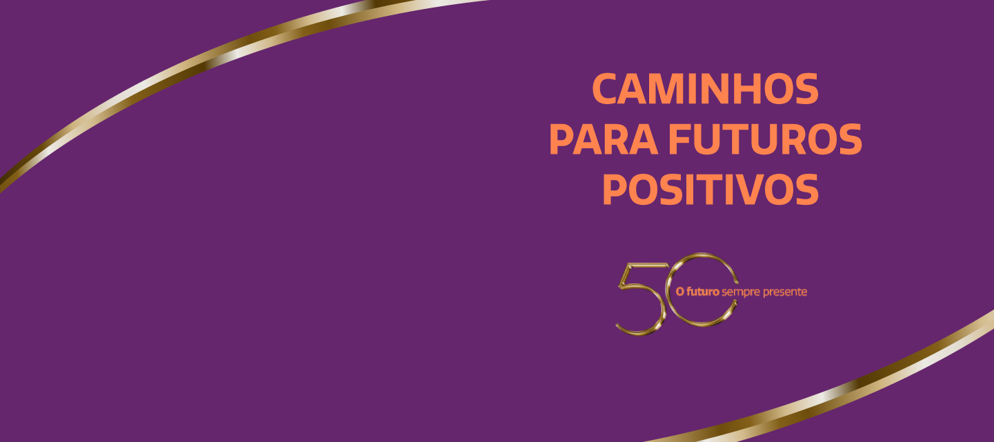 fundo roxo e texto com selo comemorativos dos 50 anos da FDC