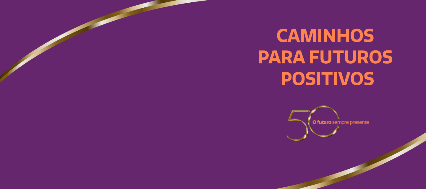 fundo roxo e texto com selo comemorativos dos 50 anos da FDC