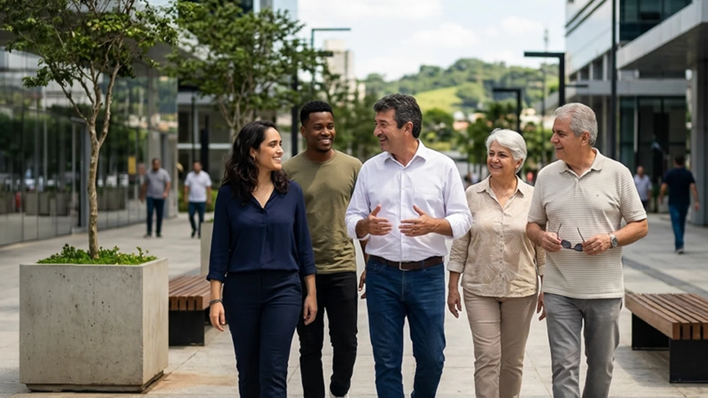 Um grupo de cinco pessoas caminhando juntas em um ambiente urbano.