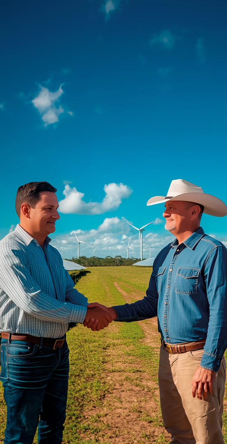 Dois homens conversam e apertam as mãos em uma área rural ao lado de um campo de painéis solares e turbinas eólicas ao fundo, sob céu azul com nuvens, simbolizando energia renovável.