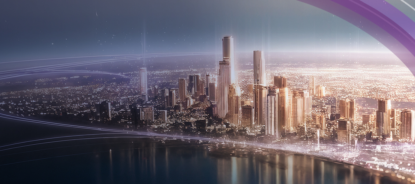 cidade futurista à beira dágua com arranha-céus e linhas luminosas representando fluxos financeiros