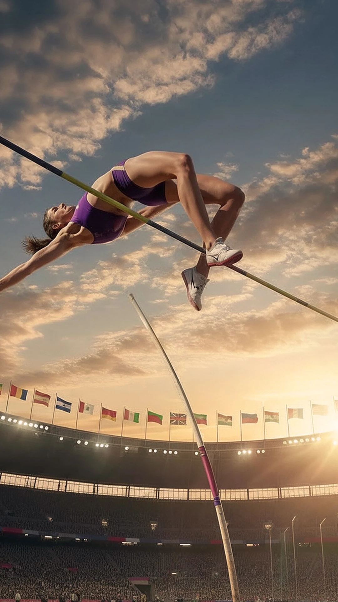 "atleta saltando com vara em estádio ao pôr do sol "