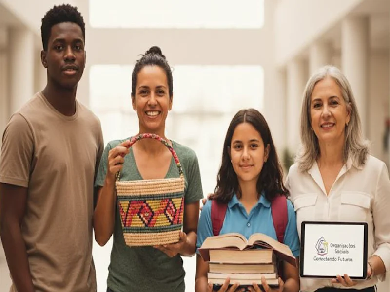 Fotografia de um grupo de quatro pessoas, incluindo duas mulheres, uma adolescente e um jovem, segurando livros e um tablet na entrada de uma escola ou universidade, promovendo educação e inclusão social com foco na palavra-chave educação.