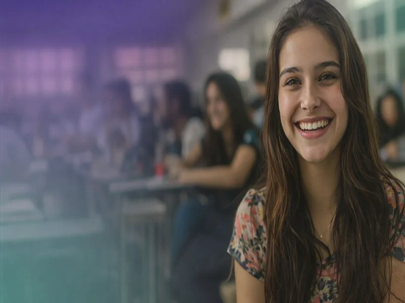 Moça sorrindo com colegas no fundo de sala desfocados