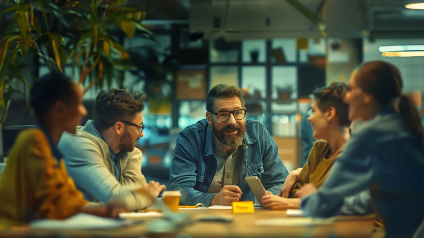 Equipe de trabalho reunida em um escritório moderno, com homens conversando ao redor de uma mesa. Ao centro, um profissional com óculos e barba sorri durante a conversa em equipe.