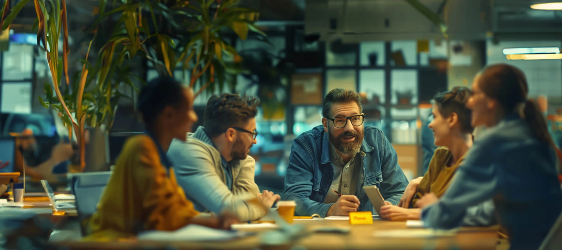 Equipe de trabalho reunida em um escritório moderno, com homens conversando ao redor de uma mesa. Ao centro, um profissional com óculos e barba sorri durante a conversa em equipe.