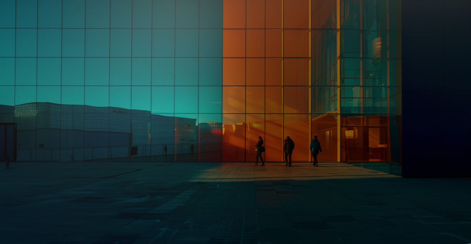 Imagem de um prédio moderno com fachadas de vidro refletindo o pôr do sol, com três pessoas caminhando na frente, ideal para arquitetura moderna.