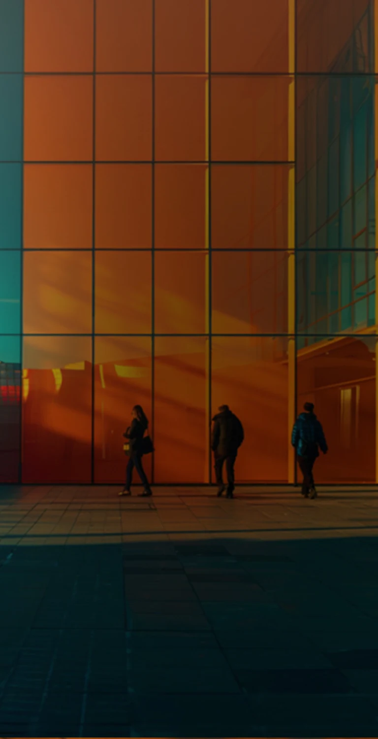 Imagem de um prédio moderno com fachadas de vidro refletindo o pôr do sol, com três pessoas caminhando na frente, ideal para arquitetura moderna.