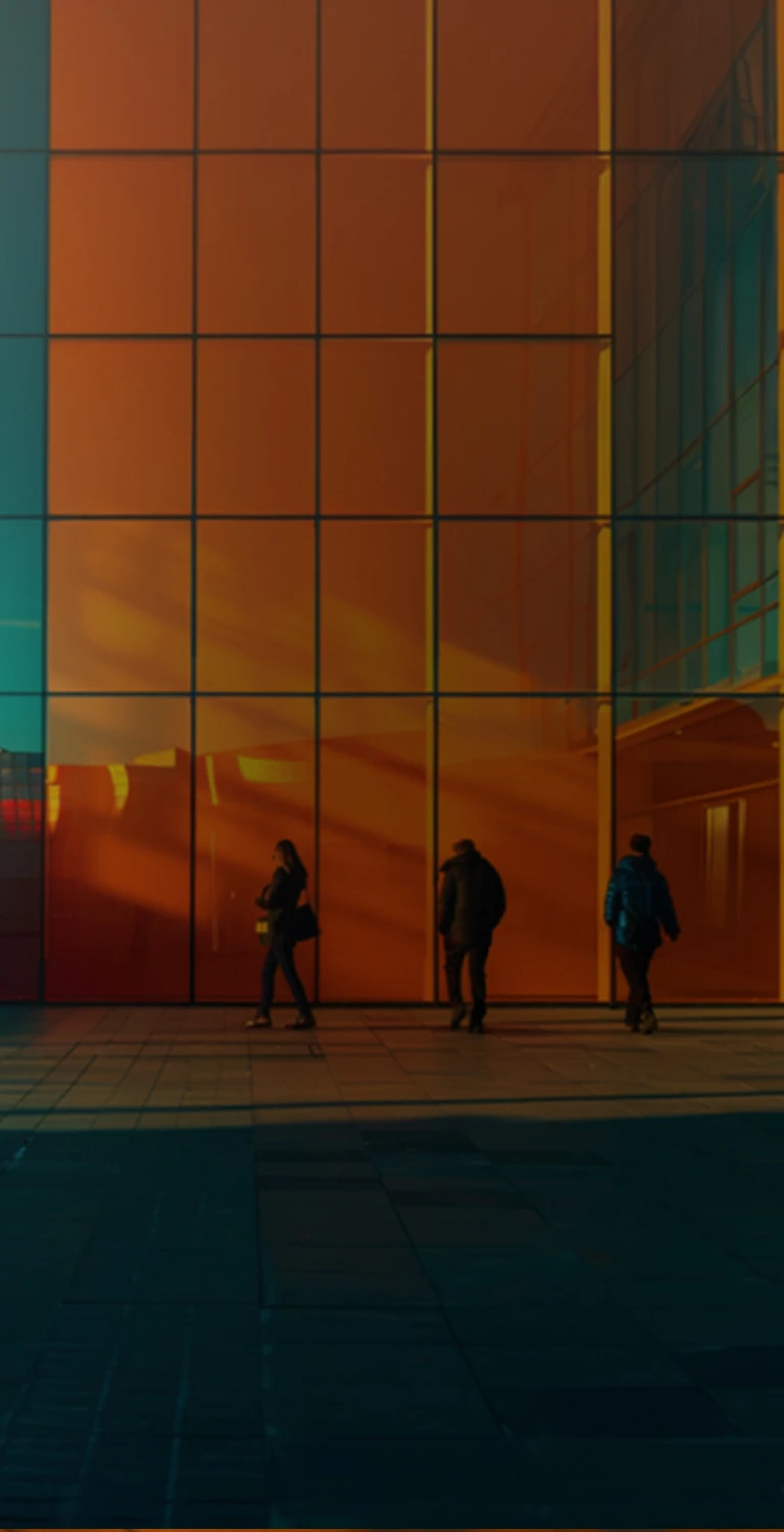 Imagem de um prédio moderno com fachadas de vidro refletindo o pôr do sol, com três pessoas caminhando na frente, ideal para arquitetura moderna.