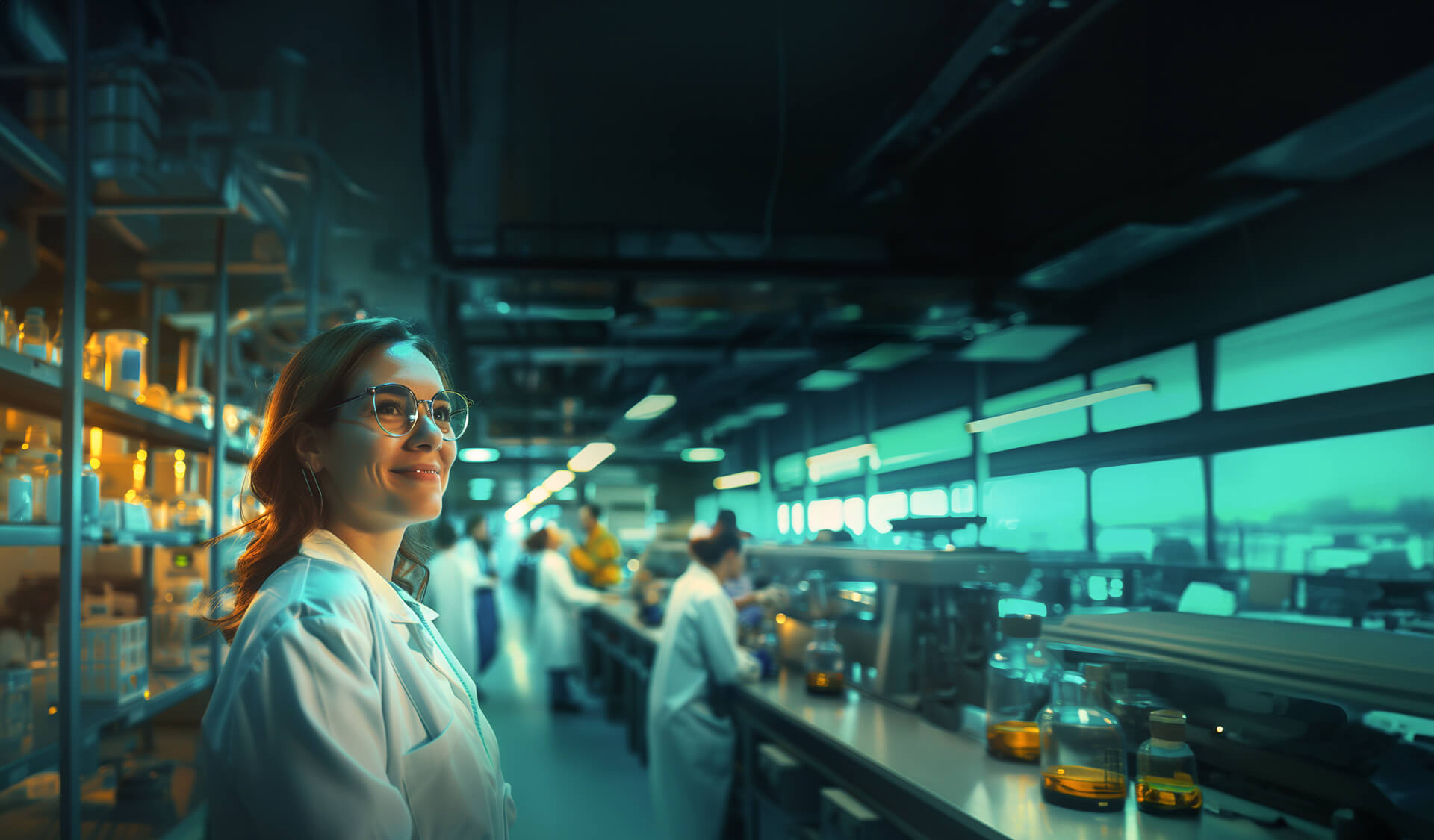 Mulher em laboratório sorrindo com óculos de proteção, ao lado de bancada com frascos e recipientes sob luzes de ambiente, em cenário de pesquisa industrial com outras pessoas ao fundo.