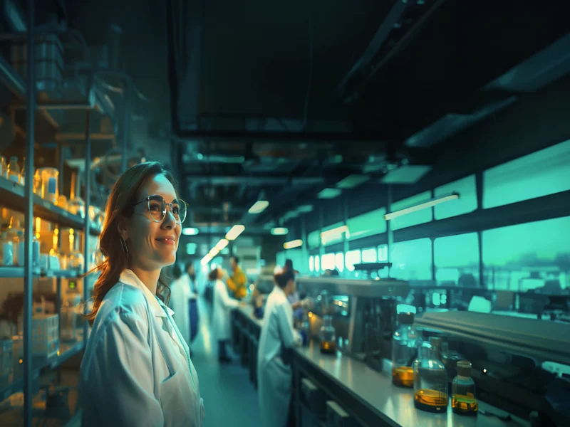 Mulher em laboratório sorrindo com óculos de proteção, ao lado de bancada com frascos e recipientes sob luzes de ambiente, em cenário de pesquisa industrial com outras pessoas ao fundo.