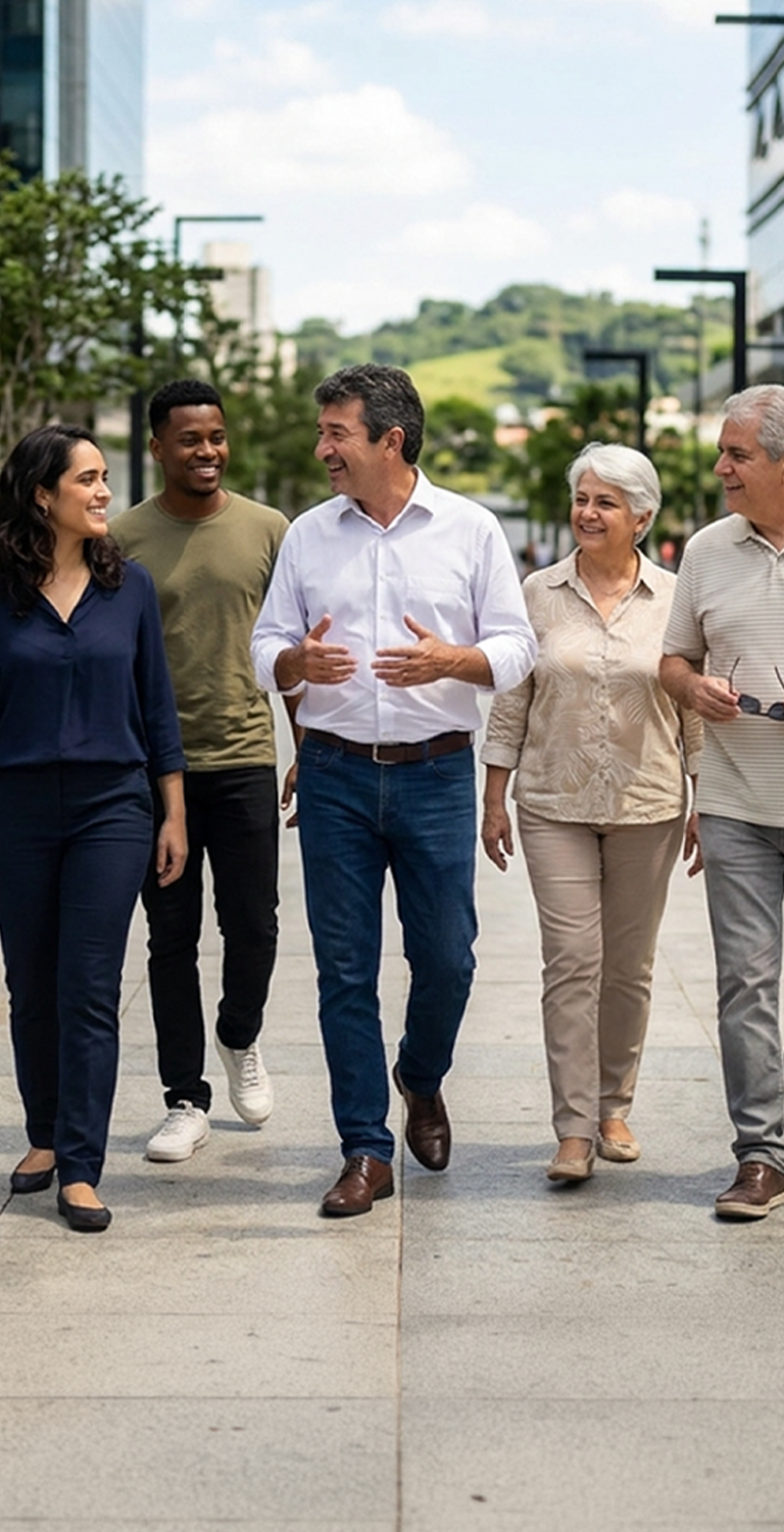 Um grupo de cinco pessoas caminhando juntas em um ambiente urbano.