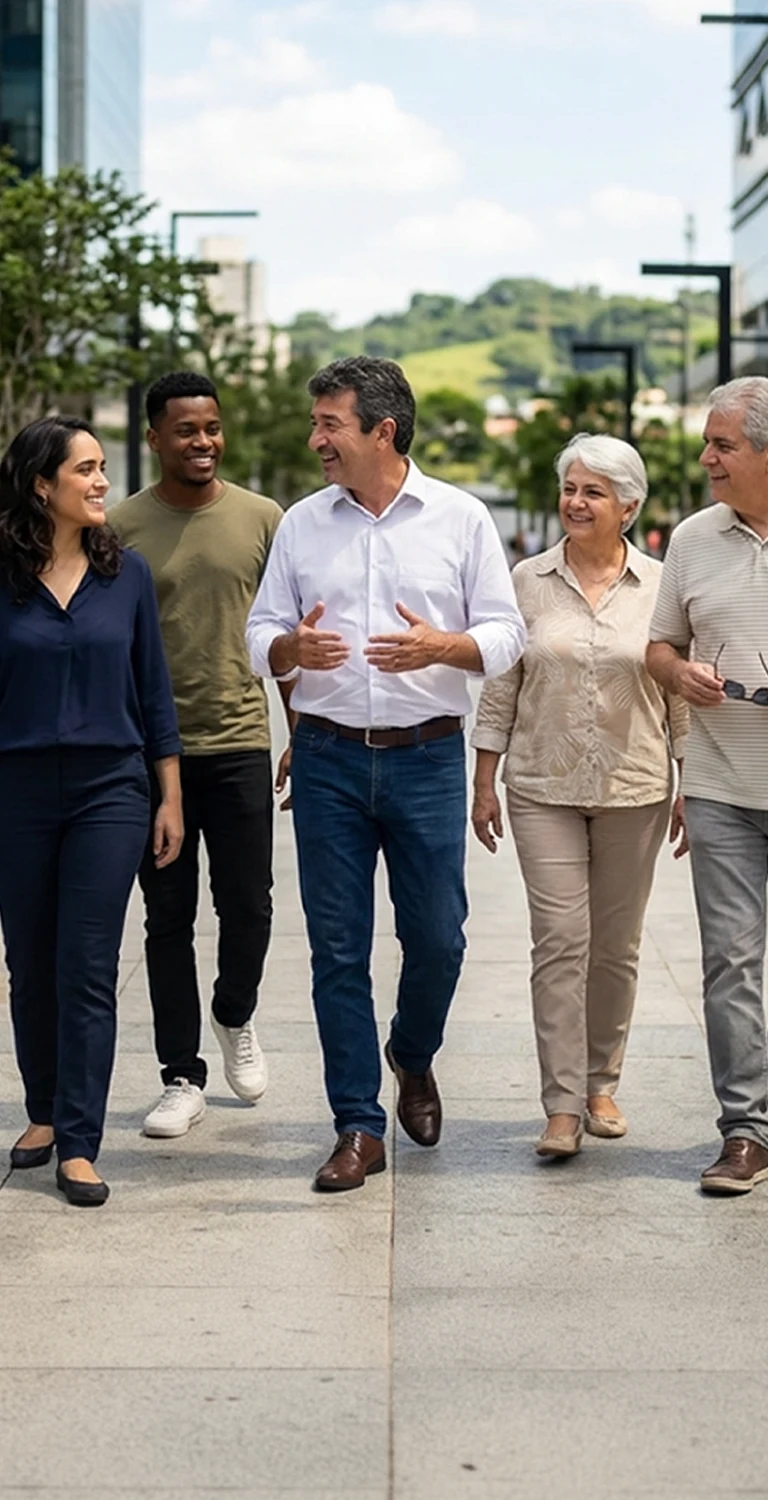 Um grupo de cinco pessoas caminhando juntas em um ambiente urbano.