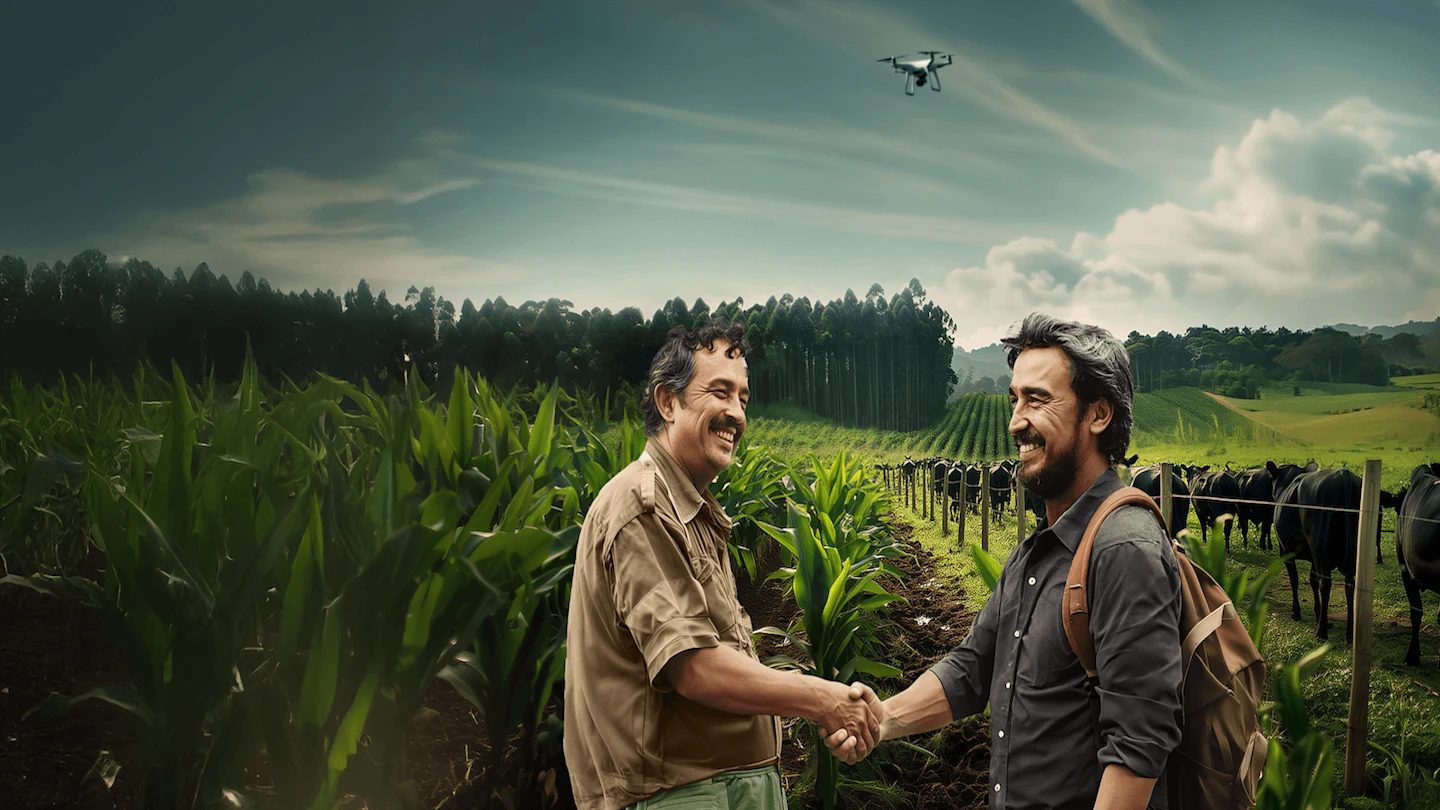Homens agricultores sorrindo e apertando as mãos em uma plantação de milho, com gado ao fundo e drones sobrevoando o campo, simbolizando inovação na agricultura.