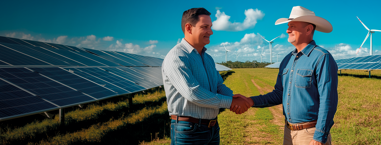 Dois homens conversam e apertam as mãos em uma área rural ao lado de um campo de painéis solares e turbinas eólicas ao fundo, sob céu azul com nuvens, simbolizando energia renovável.