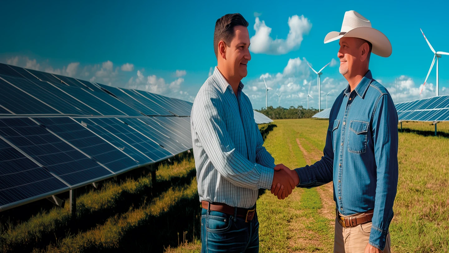 Dois homens conversam e apertam as mãos em uma área rural ao lado de um campo de painéis solares e turbinas eólicas ao fundo, sob céu azul com nuvens, simbolizando energia renovável.