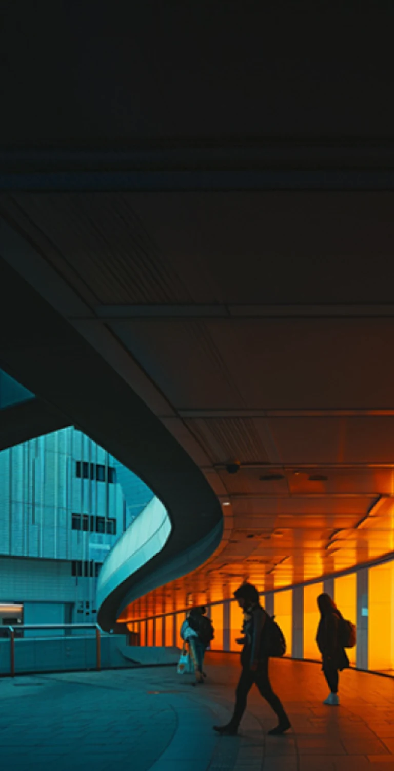Imagem de um espaço moderno com iluminação de luzes laranja e azuis, pessoas caminhando sob uma estrutura arquitetônica futurista, ideal para eventos e exposições.
