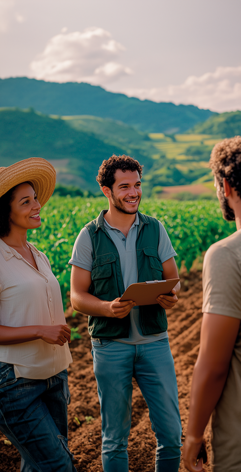 Três pessoas conversando em um campo agrícola verde, uma mulher com chapéu de palha, um homem com bloco de notas, simbolizando agricultura sustentável e inovação no campo