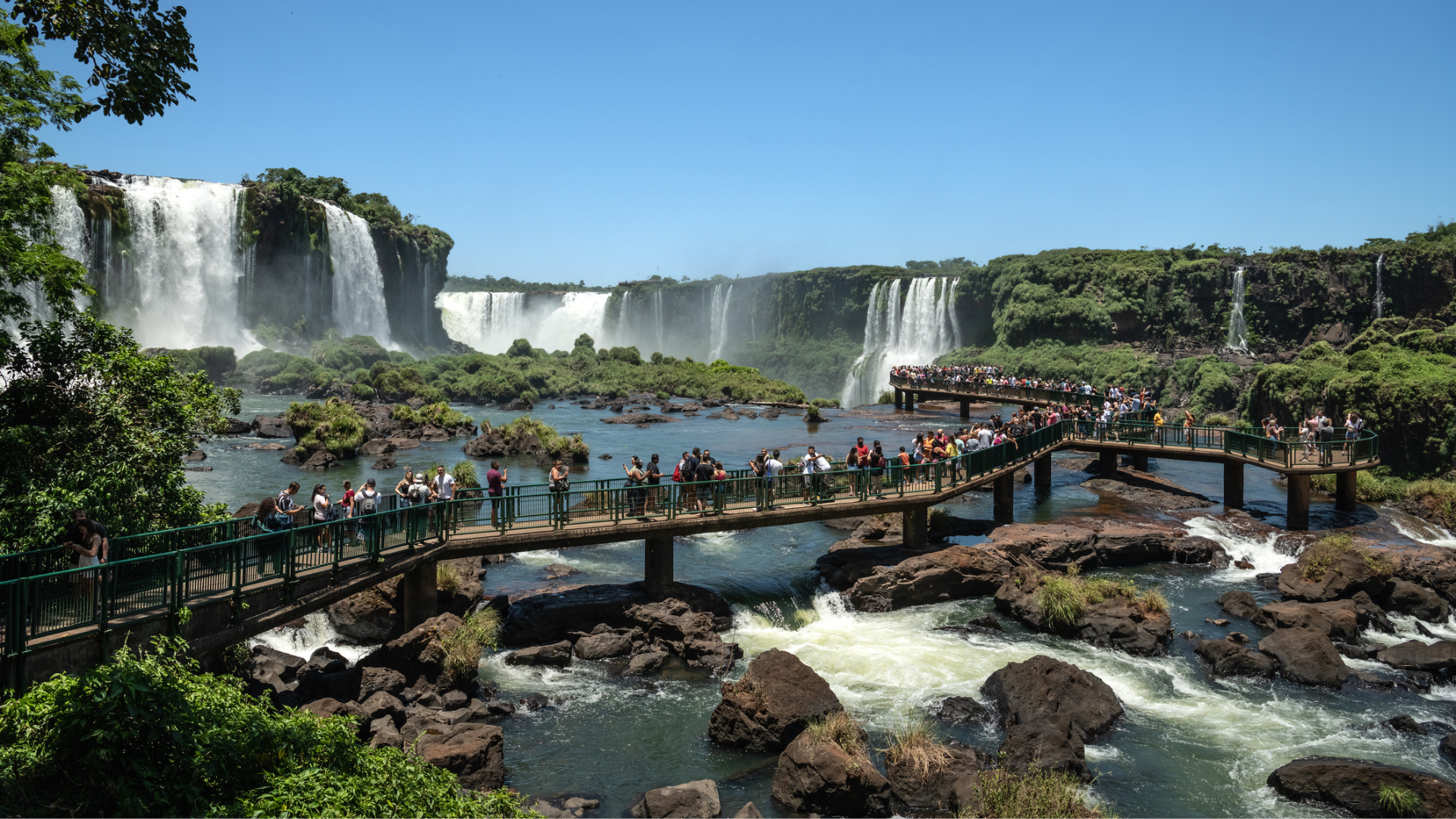 Wide view of a waterfall system cascading into a rocky river, with visitors walking along elevated boardwalks and viewing platforms surrounded by lush green vegetation under a clear blue sky.